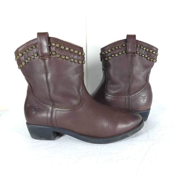 Frye Boys Big Kids Diana US 3,5 Brown Leather Studded Ankle Western Boots - Picture 9 of 14